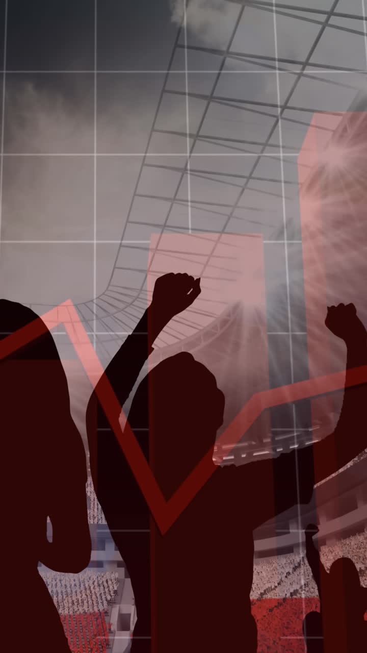 animación de gráficos rojos y procesamiento de datos sobre los aficionados en el estadio deportivo