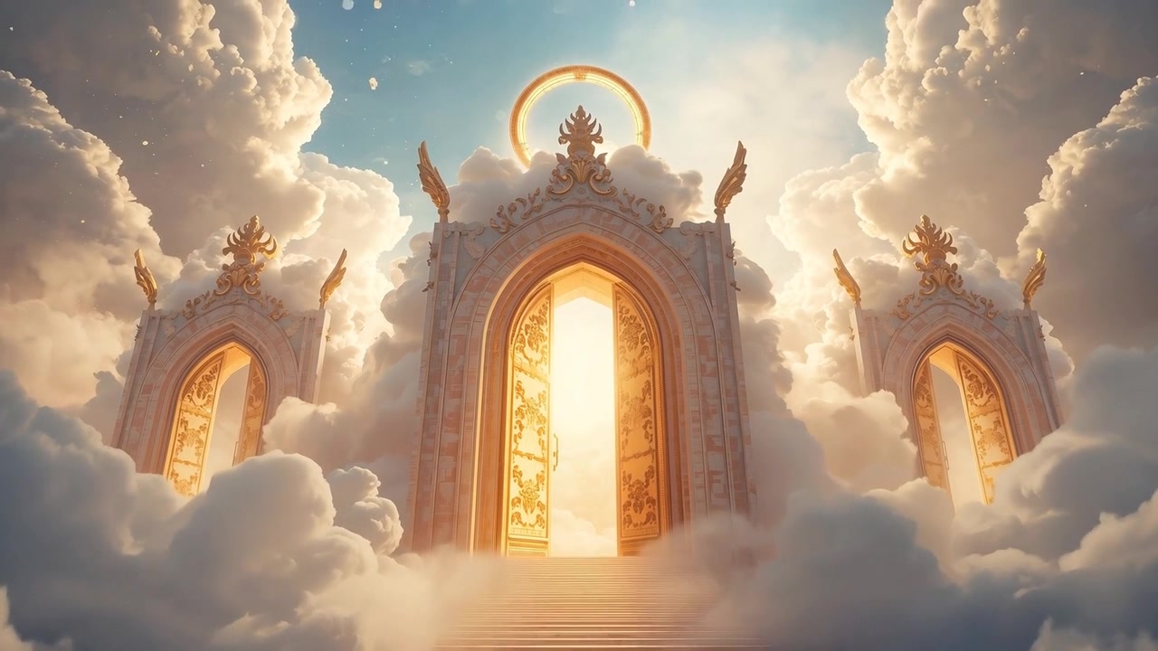 Glowing central golden archway emitting warm light in clouds, revealing reliefs, halo brightening