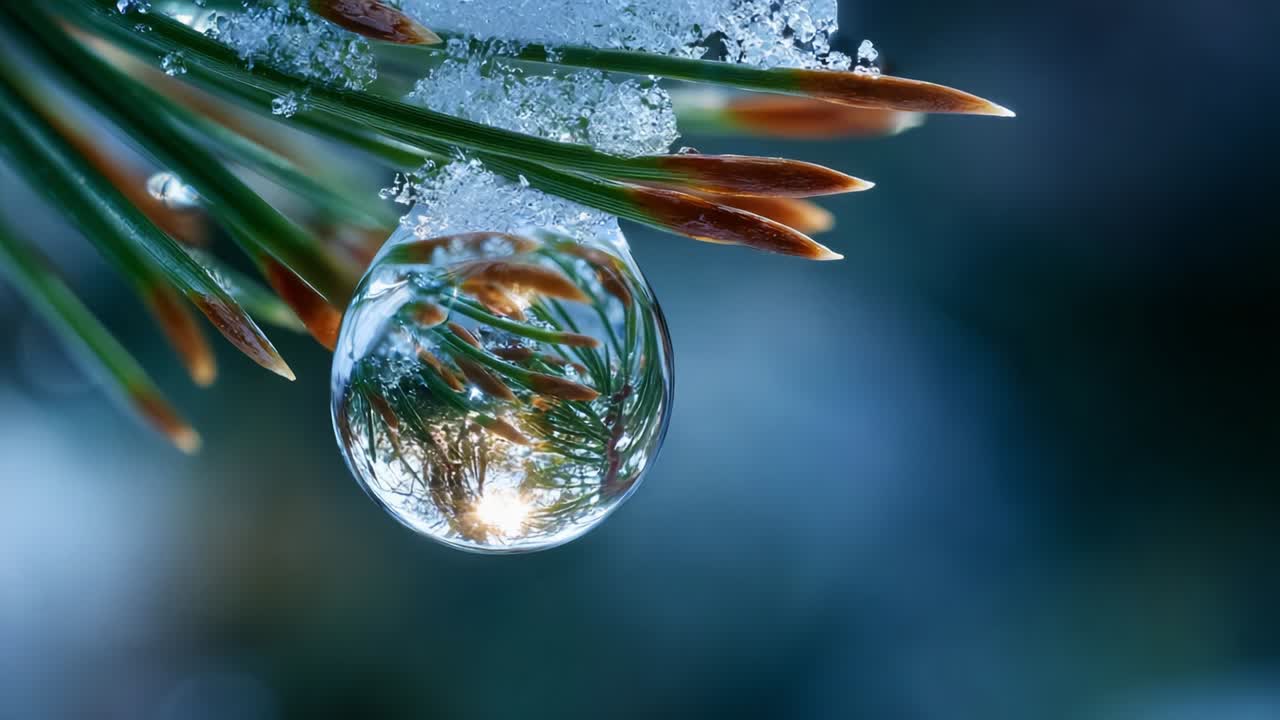 A mesmerizing close-up of a dew drop clinging to icy pine needles, reflecting a serene winter landscape and glistening with delicate frost, showcasing the beauty of nature's artistry in a fresh morning light