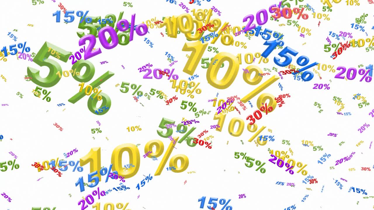 White background with falling prices in the form of numbers with percentages