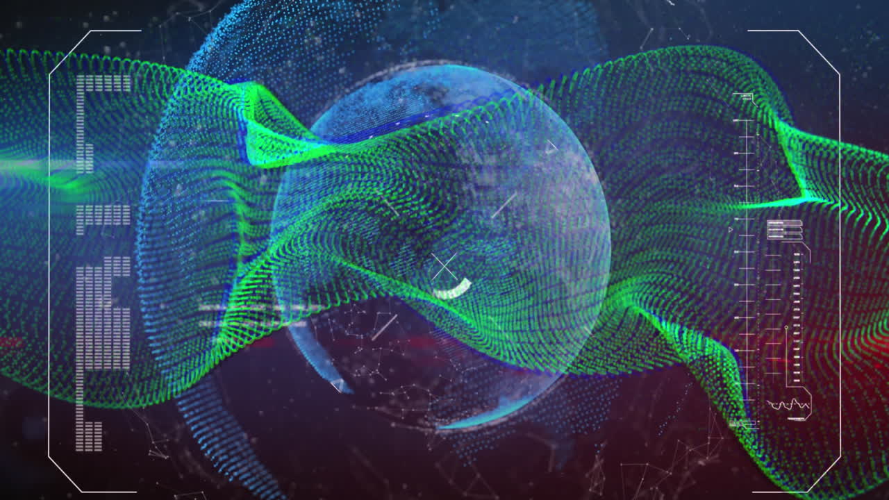 Animation of dynamic waves, loading bars, computer language and globe over abstract background