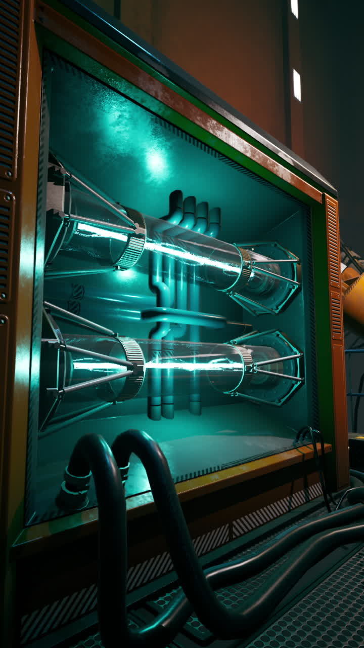 빛나는 튜브와 파이프를 가진 미래의 산업 기계