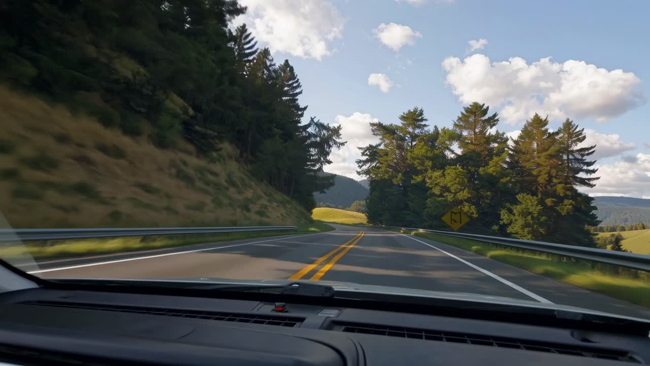 Video POV in stile guida panoramica su una strada forestale, ripreso dall'angolazione del cruscotto di un'auto
