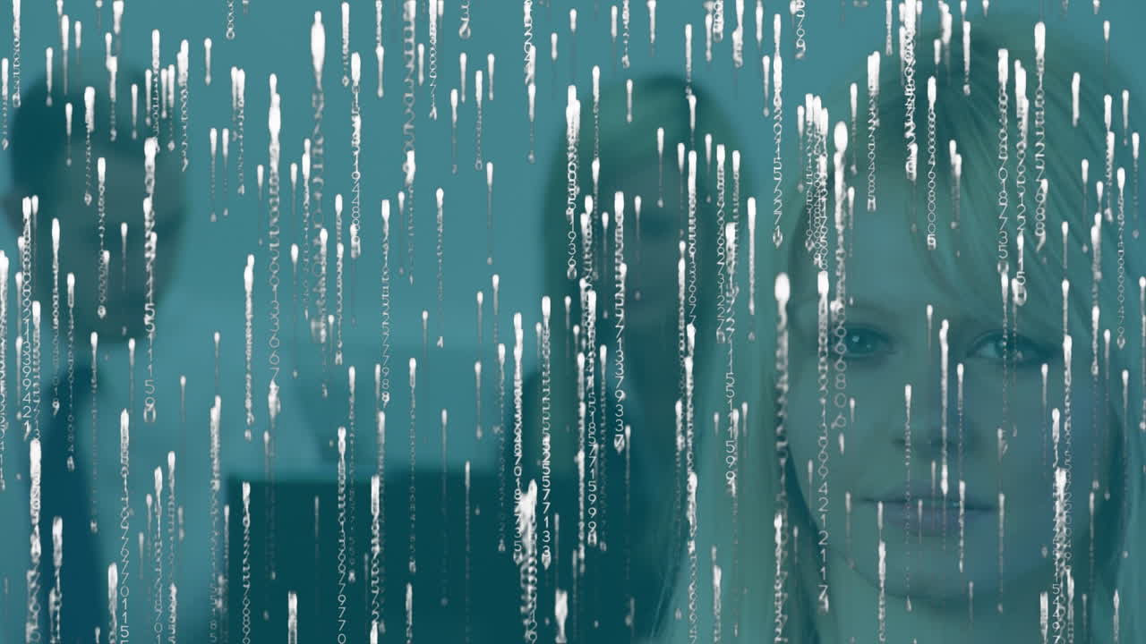 카메라를 바라보는 백인 여성 의사 위에 떨어지는 빛의 애니메이션