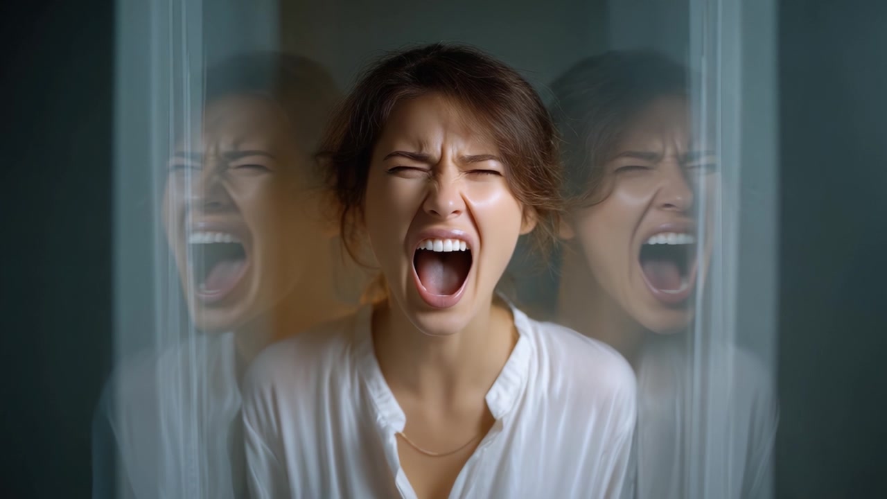 An intense moment captured: a woman expresses profound emotion by screaming in a dramatic setting, highlighting the struggle between inner turmoil and outer silence.