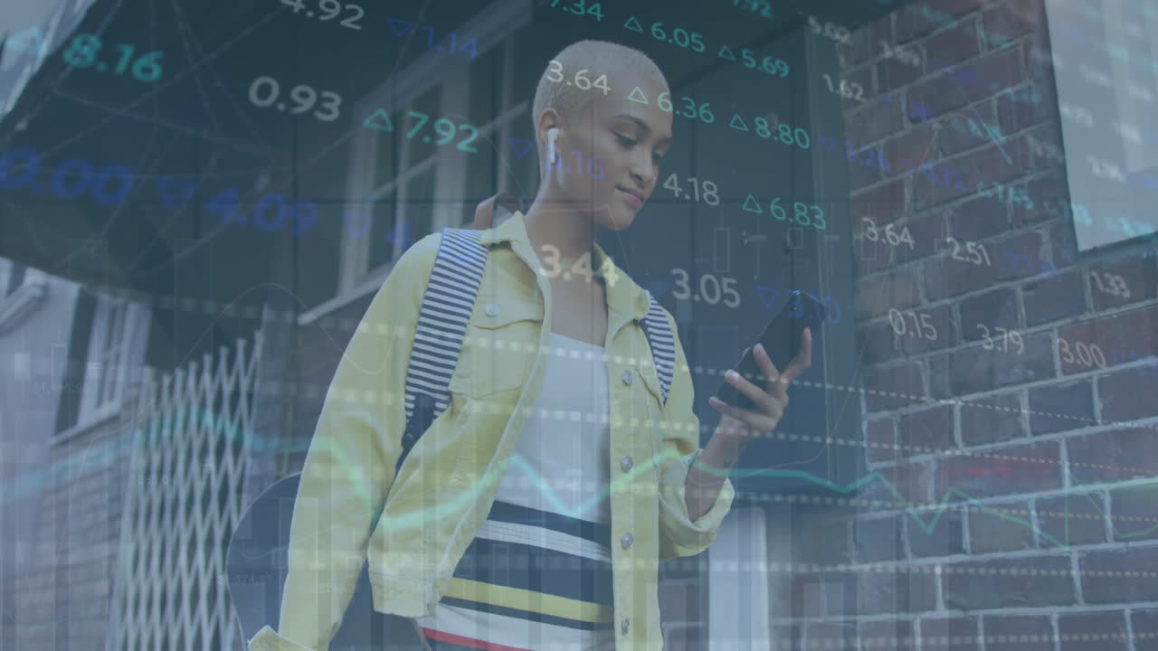 animazione di grafici, tavolo di scambio, donna bi-razziale calva che ascolta musica e scorre sul telefono