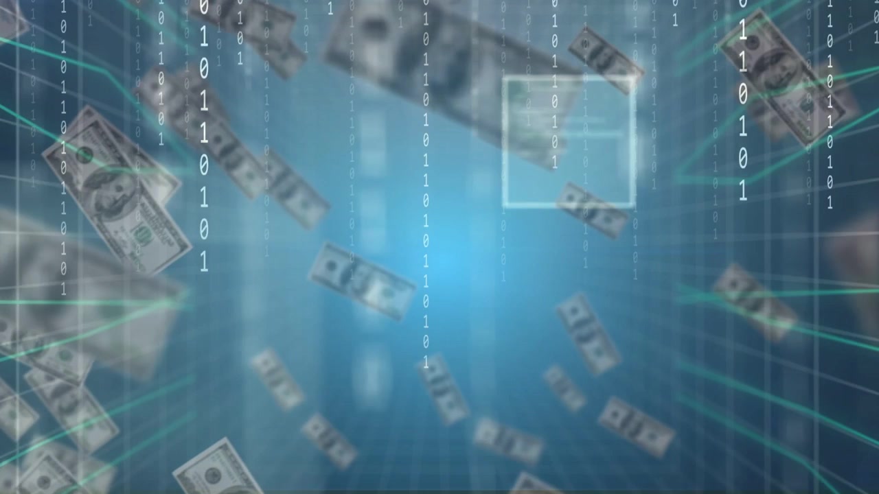 中央の光がグリッドから請求書を送り出し、箱が請求書をロックし、バイナリの雨が降る様子は、金融スキャンを示している。
