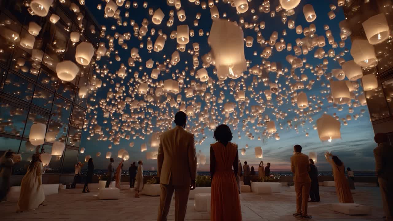 A Captivating Evening of Unity and Illumination: Celebrating Togetherness as Guests Release Floating Lanterns Beneath a Starlit Sky in a Mesmerizing Display of Light and Joy