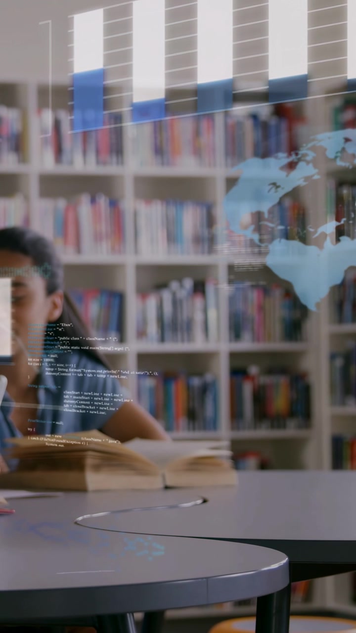 Vertical video: Student turning page in library sparking data overlay with bars code aiding study