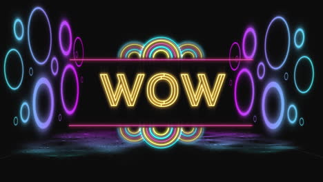 animación del texto wow en neón amarillo y anillos de neón coloridos sobre fondo negro