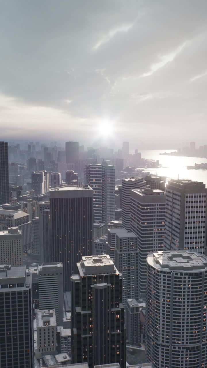 Vista aérea de um horizonte da cidade ao pôr-do-sol