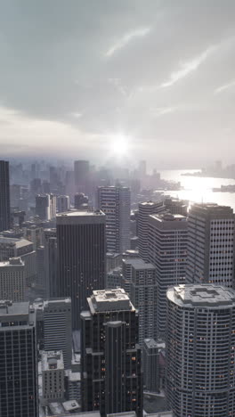 aerial view of a city skyline at sunset