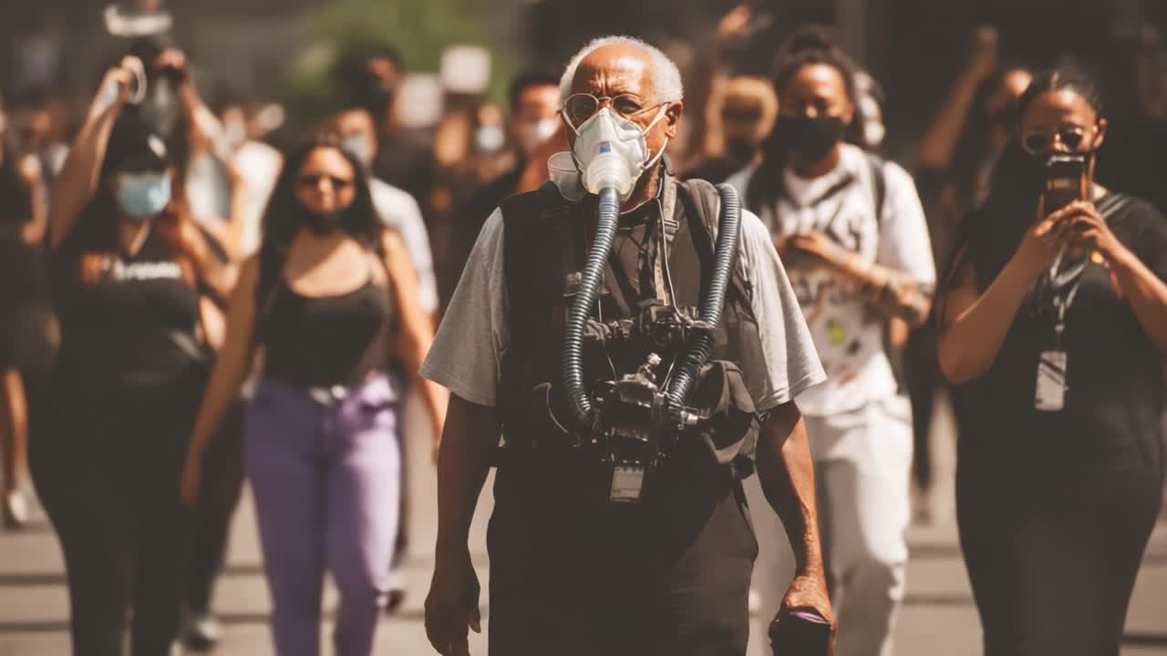 A determined individual leads a crowd of protestors, demonstrating resilience and activism amidst challenging circumstances, showcasing strong community spirit and unity in actions for change