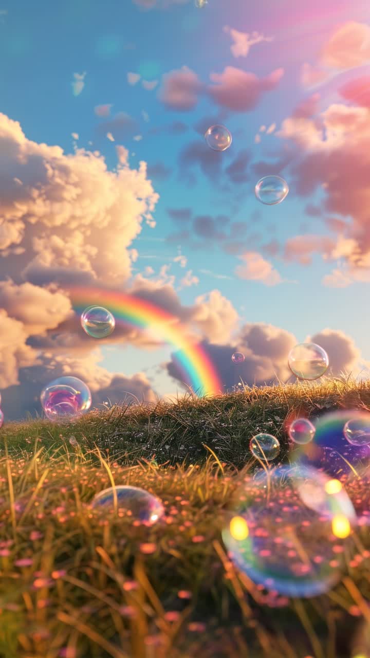 A dreamy low-angle video shot of a grassy field with bubbles floating and a rainbow