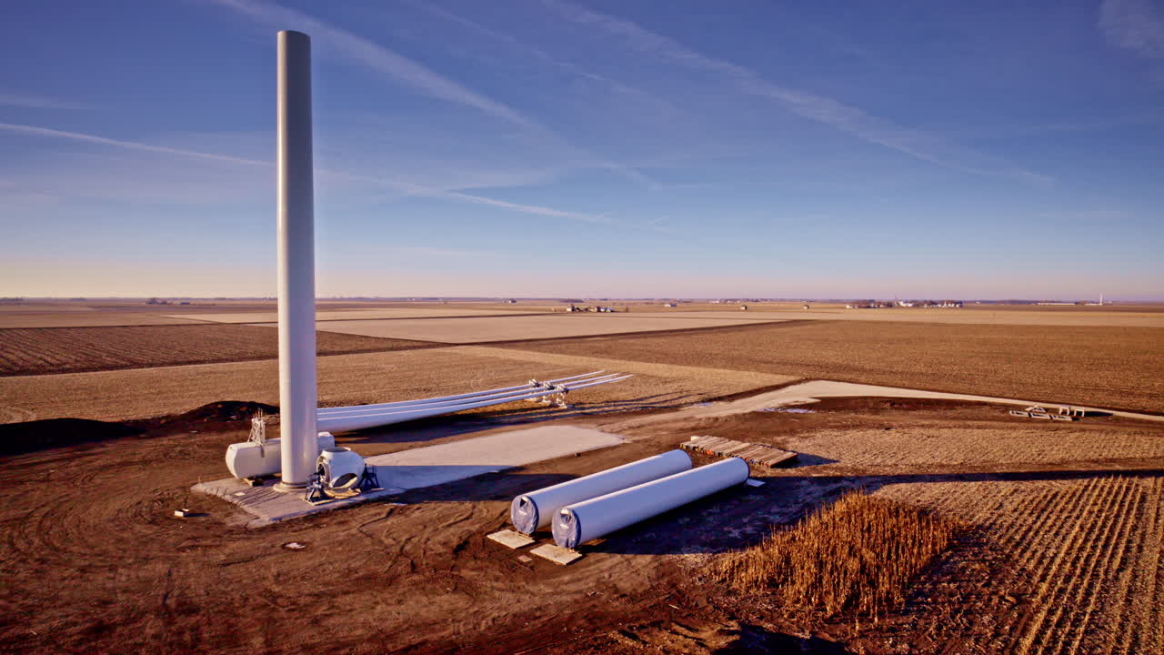Drone capturing 360-degree view of windmill construction site