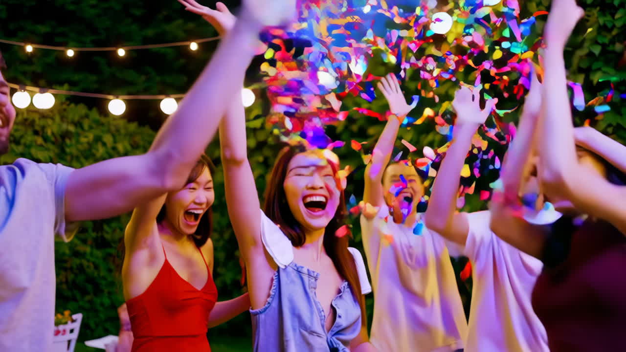 A group of joyful friends celebrating outdoors with colorful confetti at night