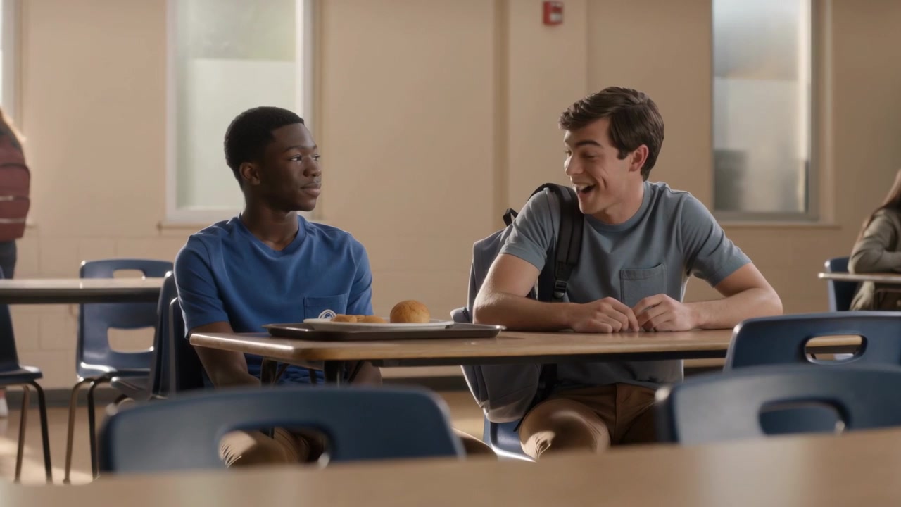 Talking left teen in blue tee chatting with right teen listening then responding in cafeteria, tray