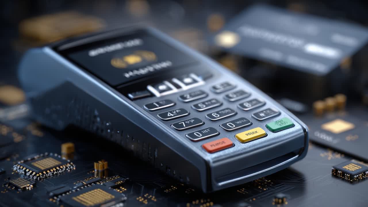 Advanced Payment Terminal Surrounded by High-Tech Circuit Board Featuring Contactless Payment Options and Modern Financial Transactions