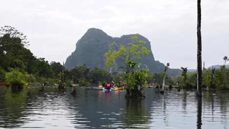 kayakers explore scenic canal with mountain backdrop