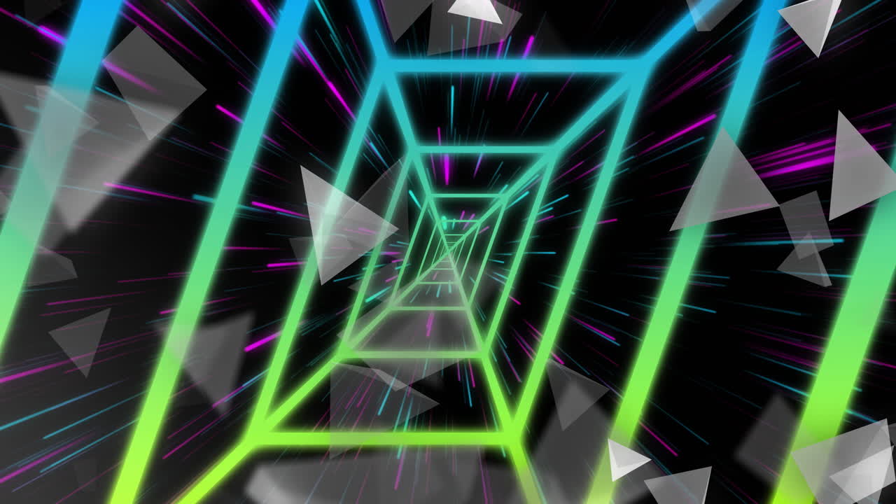Neon geometric tunnel animation with colorful lines and floating triangles
