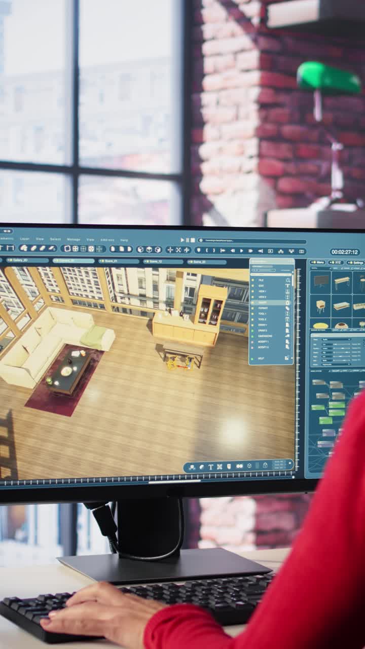 Vertical Video Professional architectural designer configures a floor plan on dual monitors