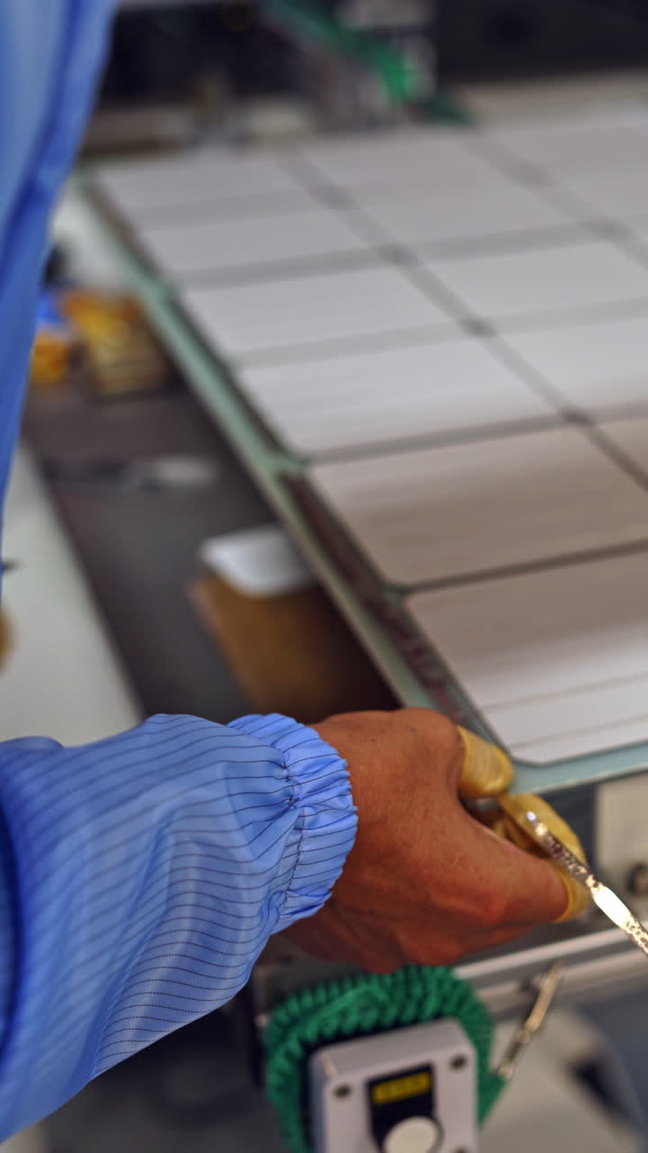 Worker's hands measuring solar panel. Factory for producing solar cells indoors. Close-up. Vertical video
