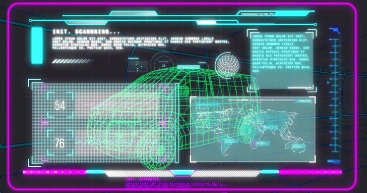 En 3D neongrøn wireframe-bil roterer i et HUD-display, viser en verdenskort-overlejring og scanningspaneler.