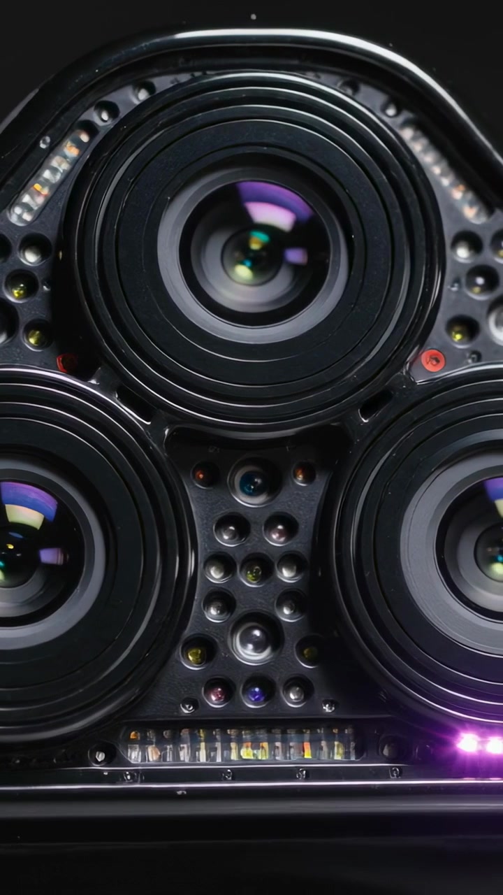 Video verticale: Telecamera che zooma e si inclina rivelando un modulo a tripla lente in studio, mostrando un LED viola.