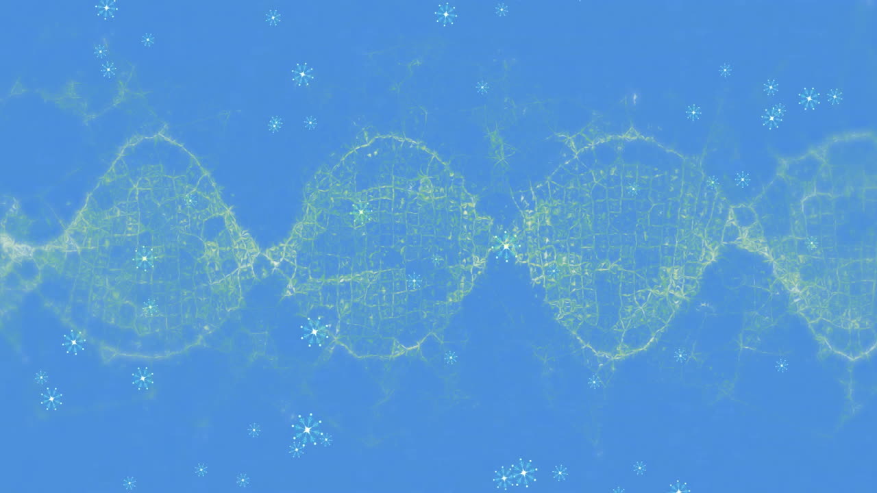 Animating DNA strand with snowflakes on blue background, creating winter theme