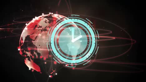 Animation-of-neon-ticking-clock-and-light-trails-over-spinning-globe-against-black-background