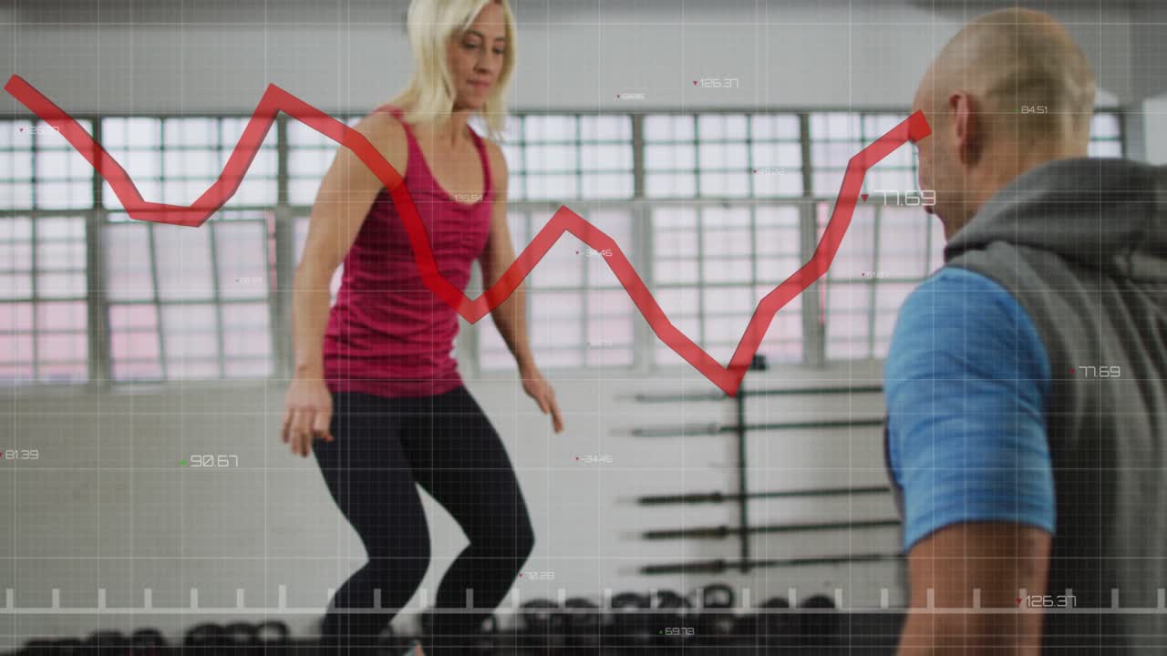 Video verticale: Donna che piega le ginocchia, fa ripetuti salti su un box per il fitness con tracciamento a linea rossa.
