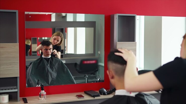 Uomo che si fa tagliare i capelli in una barberia moderna
