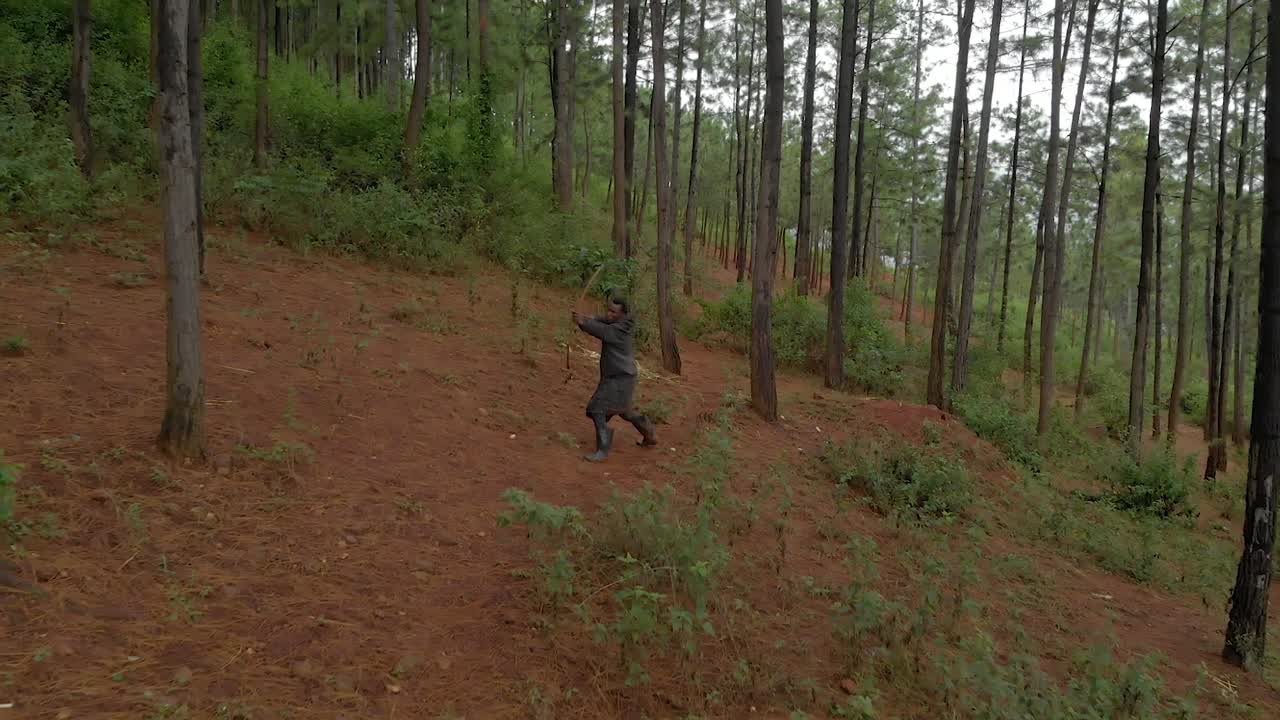 Aerial slow motion shot of a African hunter hunting in a forest and shooting an arrow from a bow
