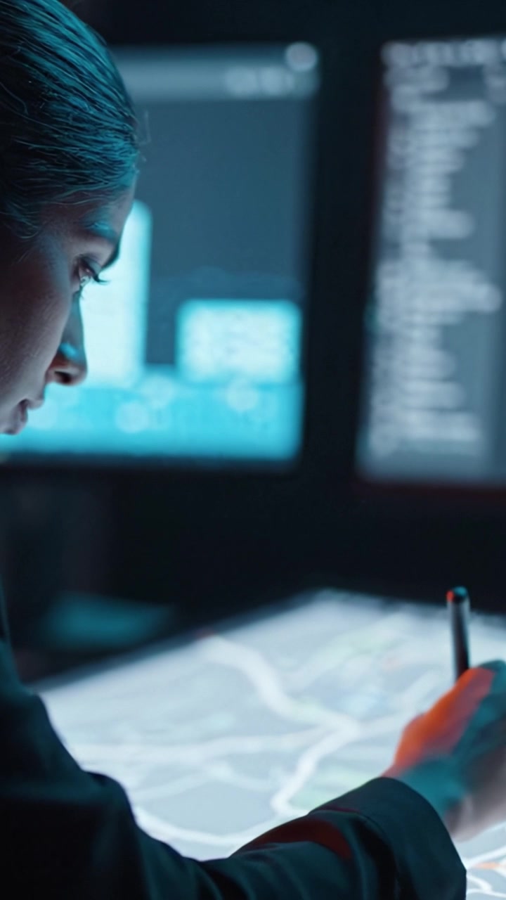 A focused individual utilizes a digital interface for critical data analysis, showcasing advanced technology in a sophisticated environment, emphasizing precision and concentration.