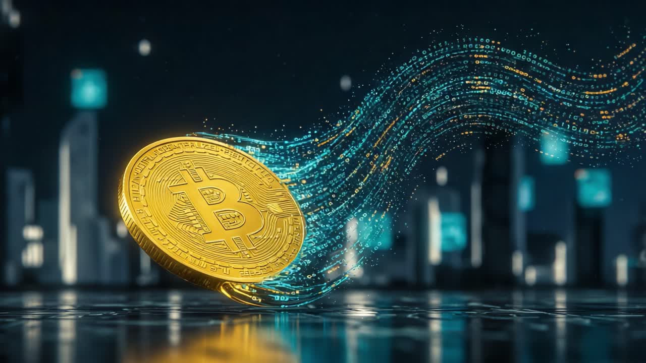 A Stunning Visualization of Cryptocurrency Dynamics: The Bitcoin Coin in Motion Among Digital Structures and Data Streams, Representing the Future of Financial Transactions