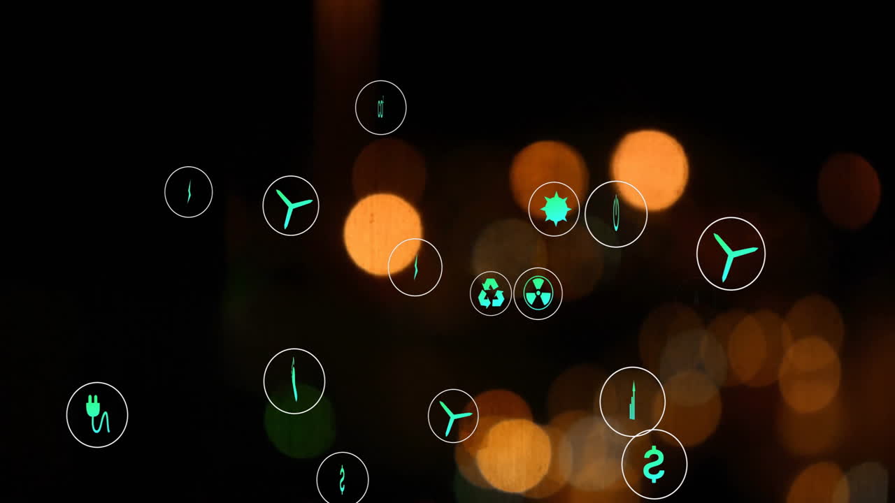 Icons for electricity, water, and money over bokeh lights animation