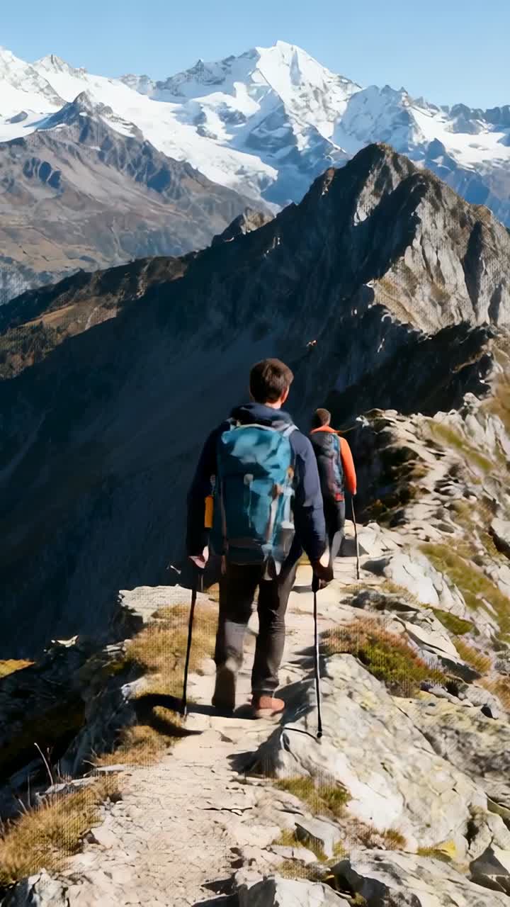 Dopo essere saliti su uno stretto crinale, due escursionisti si muovono in fila indiana, piantando i bastoncini e dirigendosi verso le vette.