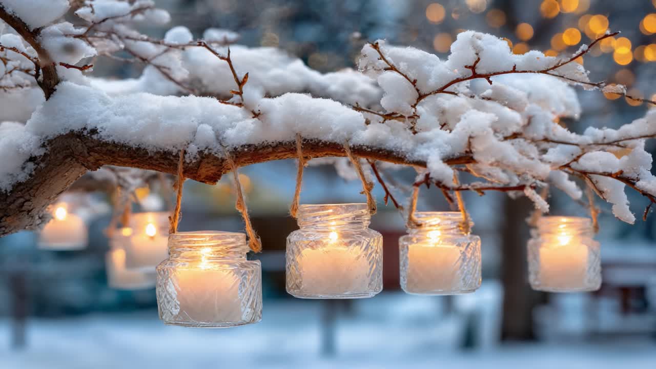 Enchanting Winter Scene: Delicate Glass Jars with Candles Hanging from Snow-Covered Branches, Illuminating a Cozy Atmosphere in a Serene Winter Wonderland