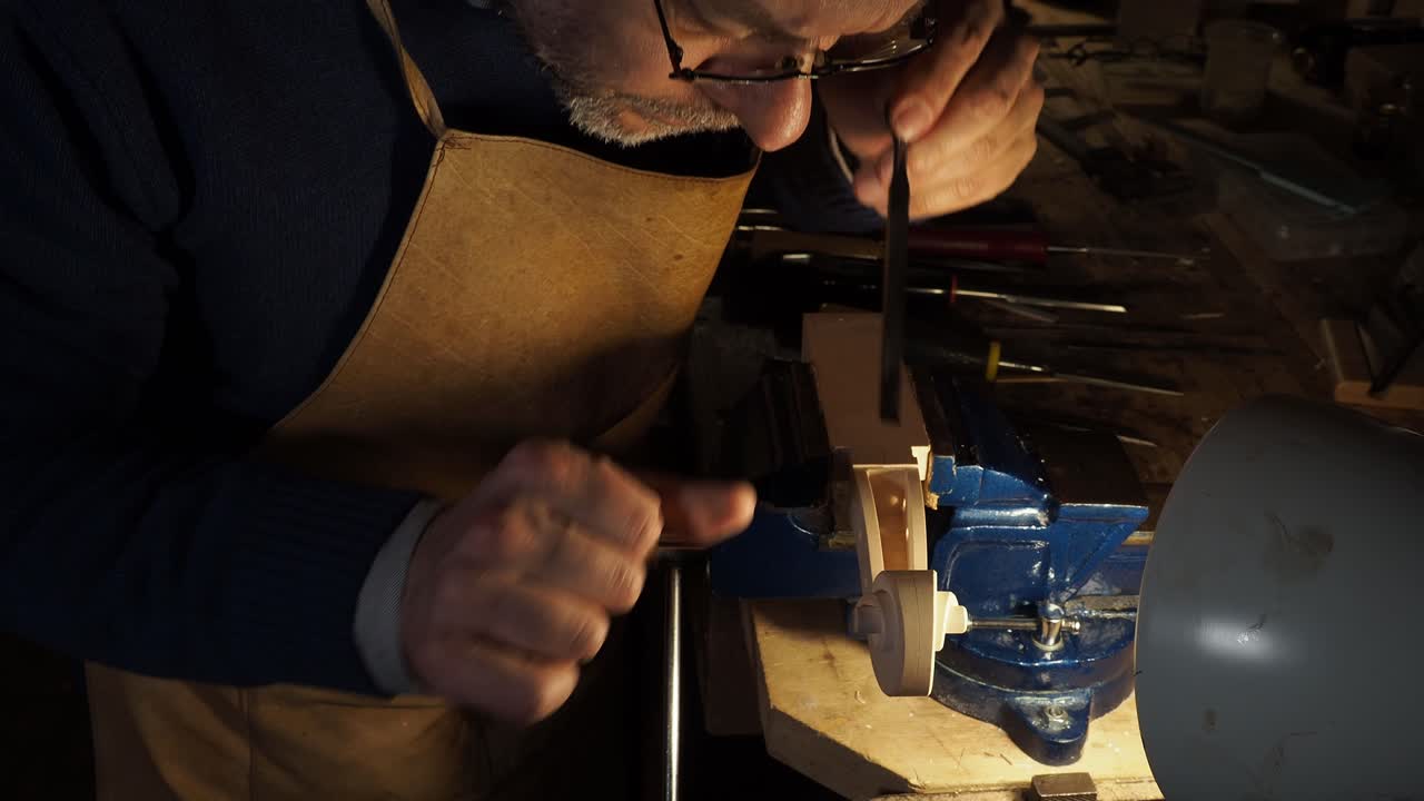 Luthier leans over workbench, carefully carving violin scroll clamped securely in a vise, With steady hands and a sharp tool, he refines the curves and details, demonstrating traditional craftsmanship