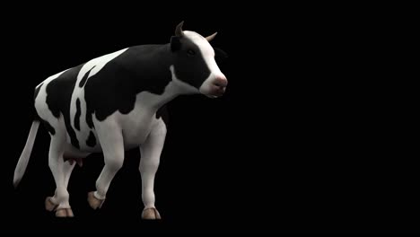 Una-Vaca-Caminando-Sobre-Fondo-Negro-Con-Canal-Alfa-Incluido-Al-Final-Del-Vídeo,-Animación-3d,-Vista-En-Perspectiva,-Animales-Animados,-Animación-En-Bucle-Sin-Interrupciones