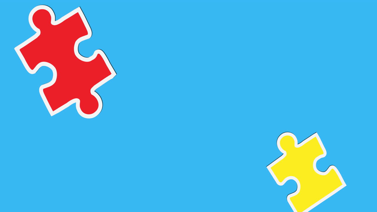 Animation of green, red and yellow puzzle pieces falling on blue background