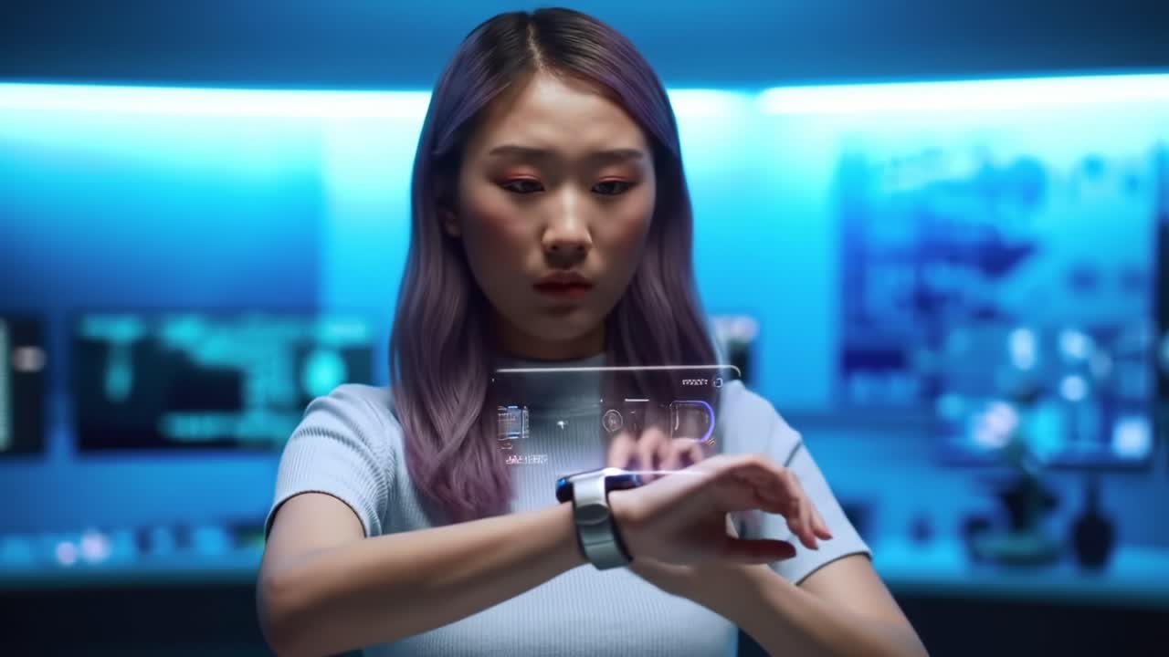 A woman interacts with a sleek, futuristic smartwatch displaying holographic interface elements, set against a technology-rich atmosphere filled with screens and vibrant blue lighting