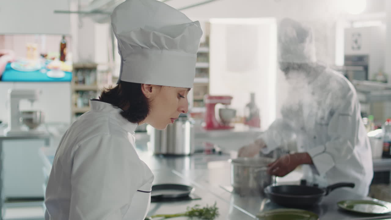 Female chef tasting liquid sauce on stove to make cuisine dish