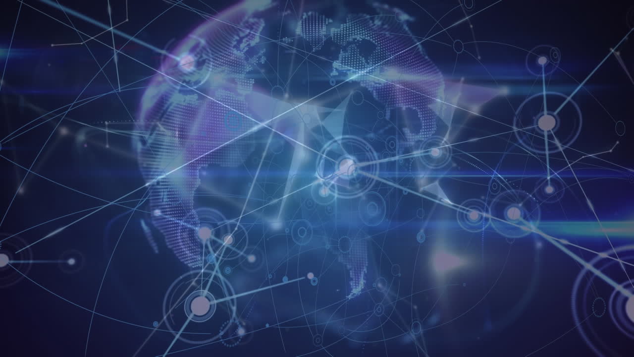 Animation of network of connections over globe of plexus networks spinning against blue background