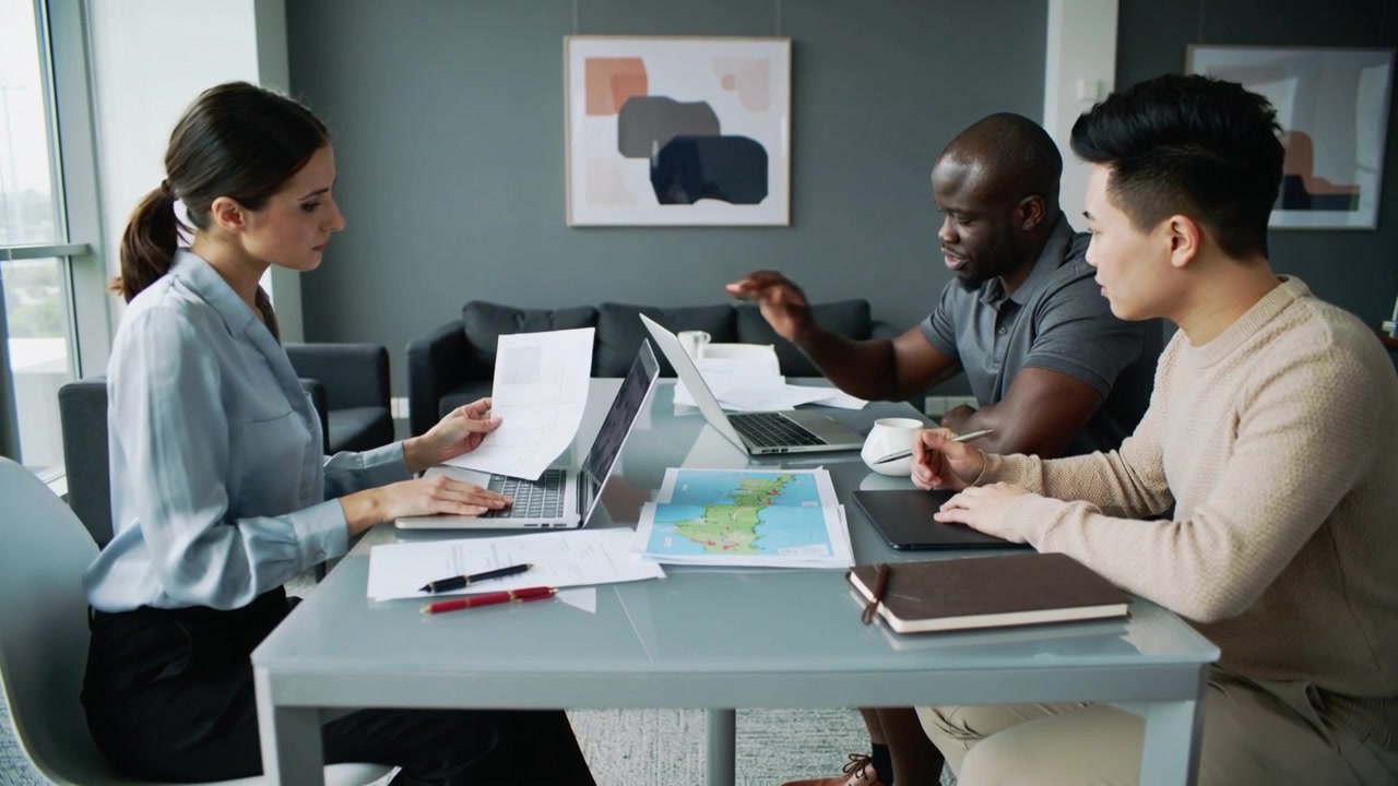 Team diskuterer i business-casual tøj, gestikulerer og peger på et kort, der lægges på bordet i et mødelokale.