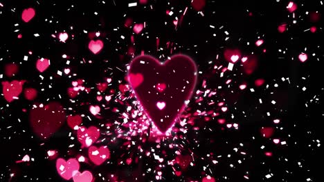 animación de múltiples corazones rosados y confeti cayendo sobre un fondo negro