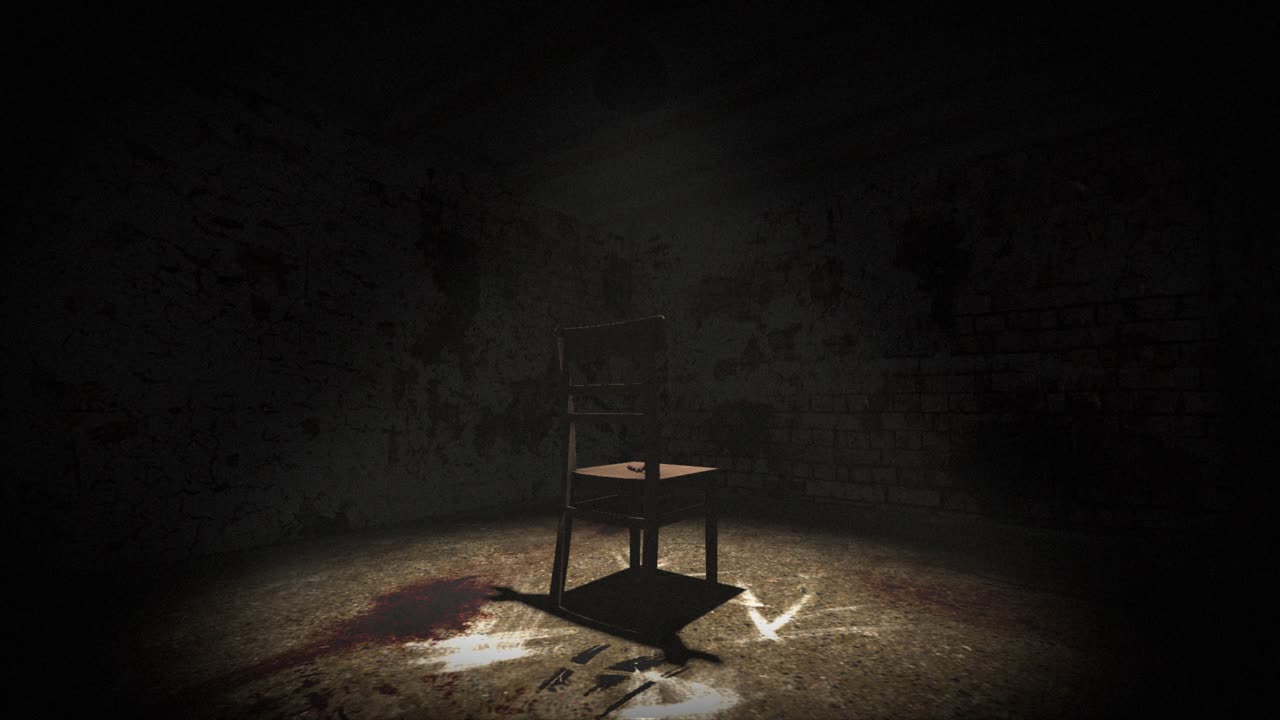 어두운, 끔찍한, 망진창의 벽, 바닥에 피, 스포트라이트에 있는 한 의자, 피에 린 이.