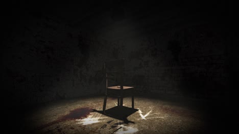 high quality, orbit shot of a sinister interrogation torture chamber, with dark creepy grungy walls, blood on the floor and a single chair in a spotlight, with a pair of bloody pliers