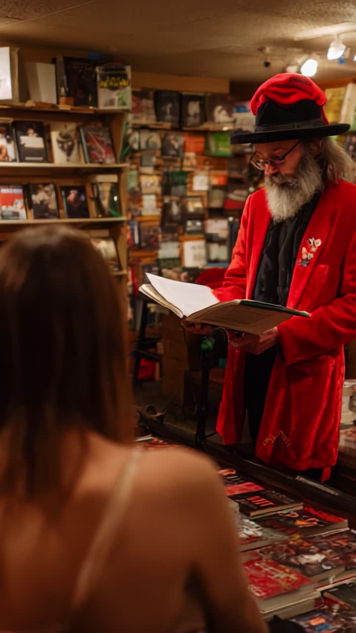 A Captivating Encounter: A Bearded Man in a Red Coat Reads Aloud to an Enraptured Listener in a Cozy Bookstore Filled with Various Titles and Nostalgic Media Collection