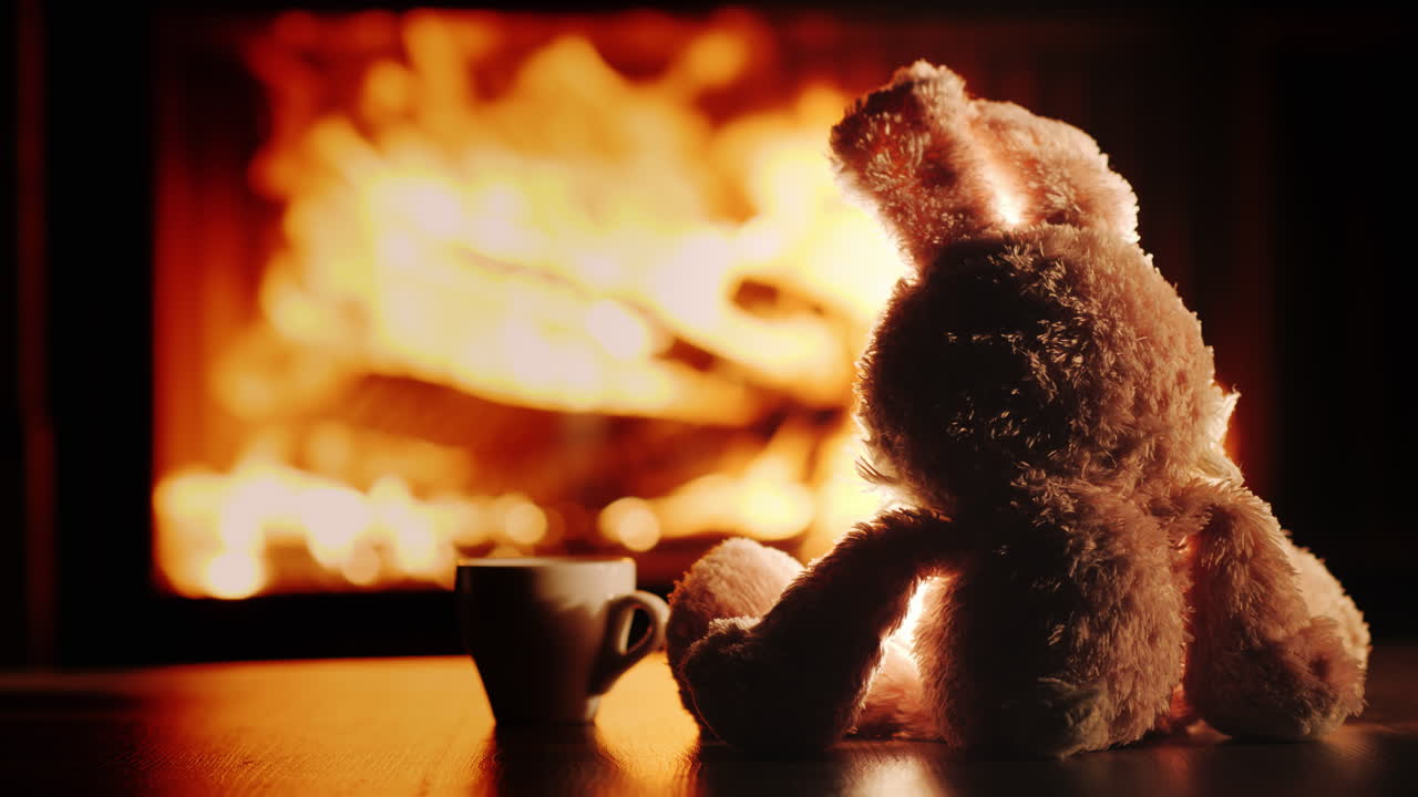 외로운 플러시 토끼는 벽난로의 불을 존경하며 슬로우 모션 비디오를 삽입합니다.